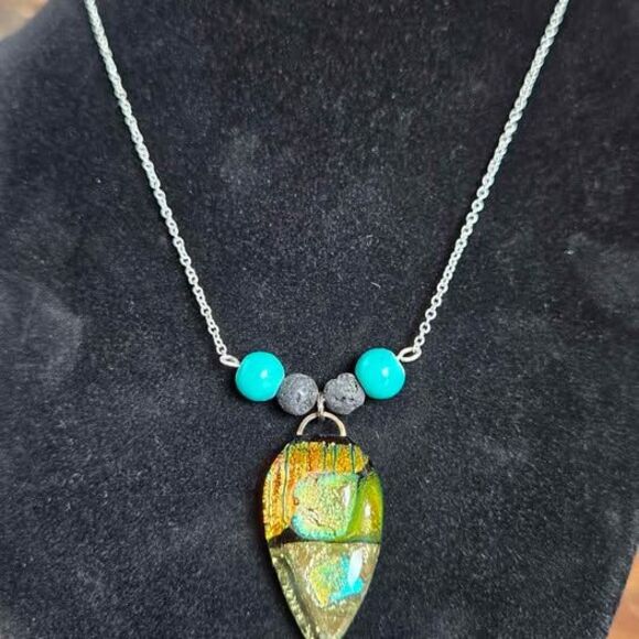 Unbranded Jewelry - Handmade Aromatherapy Necklace Dichroic Glass Turquoise Lava Bead 20 Inch Boho